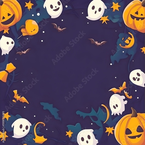 Whimsical and Spooky Halloween Cartoon Background with Pumpkins Ghosts and Bats