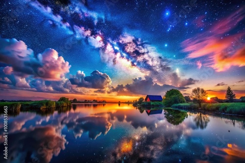 Ethereal Dreamscape with Floating Clouds and Stars in a Serene Night Sky Over a Mystical Landscape