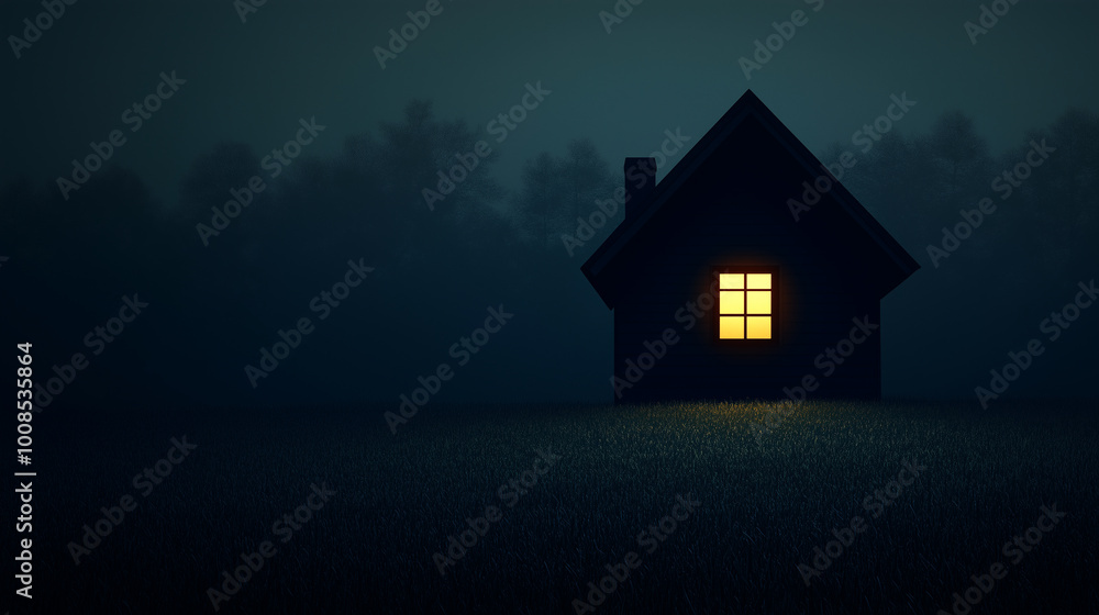 A lone house is illuminated by a warm glow from its window, surrounded by dense trees under the nighttime sky, creating a peaceful yet mysterious atmosphere. A lone house is illuminated by a warm glow from its window, surrounded by dense trees under the nighttime sky, creating a peaceful yet mysterious atmosphere.