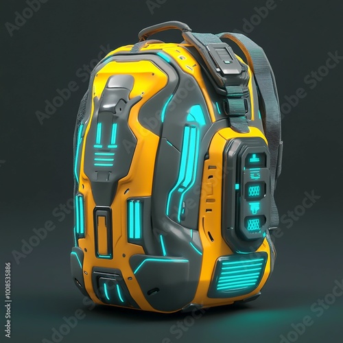 3D Futuristic Backpack Icon: High Tech Travel Gear Illustration Logo photo