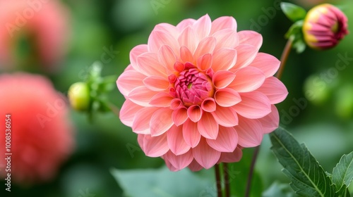 A stunning close-up of a pink dahlia flower in full bloom, surrounded by lush green foliage, showcasing the beauty of nature with soft, detailed petals and vibrant colors.