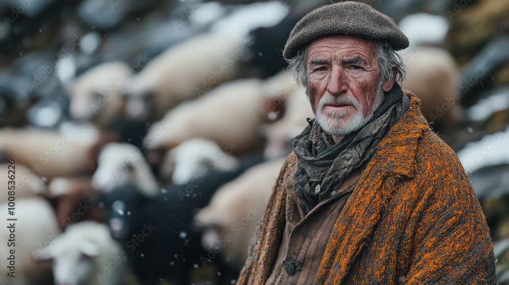 An elderly man, dressed warmly in wool and tweed, stands amidst a flock of sheep, reflecting a traditional pastoral scene amidst a snowy landscape. An elderly man, dressed warmly in wool and tweed, stands amidst a flock of sheep, reflecting a traditional pastoral scene amidst a snowy landscape.