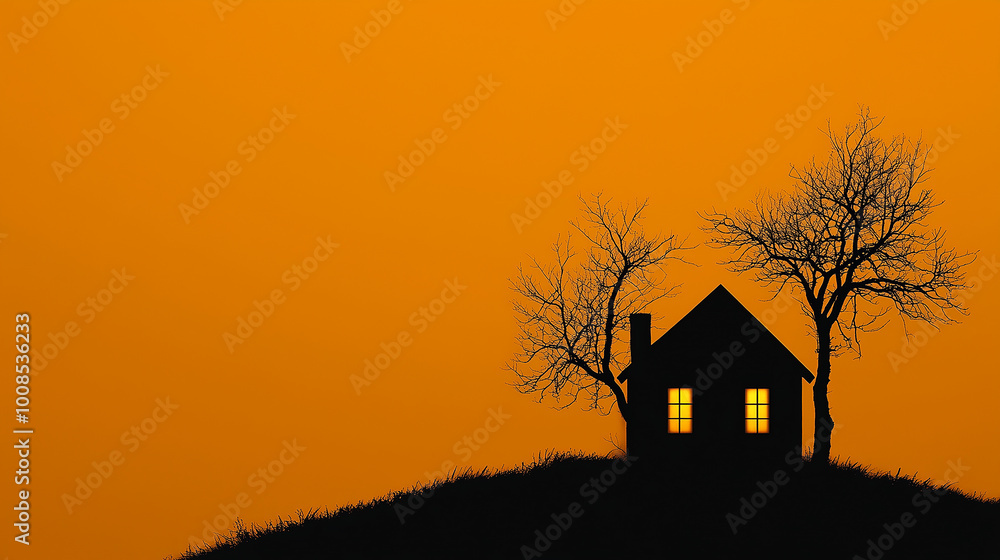 A silhouette of a simple house sits atop a hill, with windows shining warmly. Nearby, a leafless tree stands against an orange sky at dusk, creating a peaceful atmosphere. A silhouette of a simple house sits atop a hill, with windows shining warmly. Nearby, a leafless tree stands against an orange sky at dusk, creating a peaceful atmosphere.