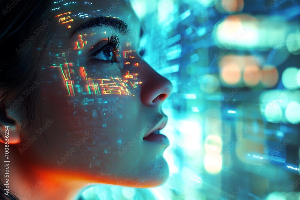 Advanced tech world visualized with a woman's face lit with digital points against a building. Advanced tech world visualized with a woman's face lit with digital points against a building.