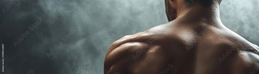 Fototapeta premium A focused athlete showcases strong muscles in a dramatic, misty setting, highlighting dedication and power in fitness.