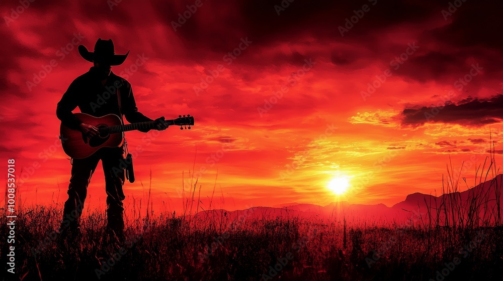 Fototapeta premium Cowboy Playing an Acoustic Guitar at Sunset in a Golden Field, Capturing the Essence of Country Life and Serenity
