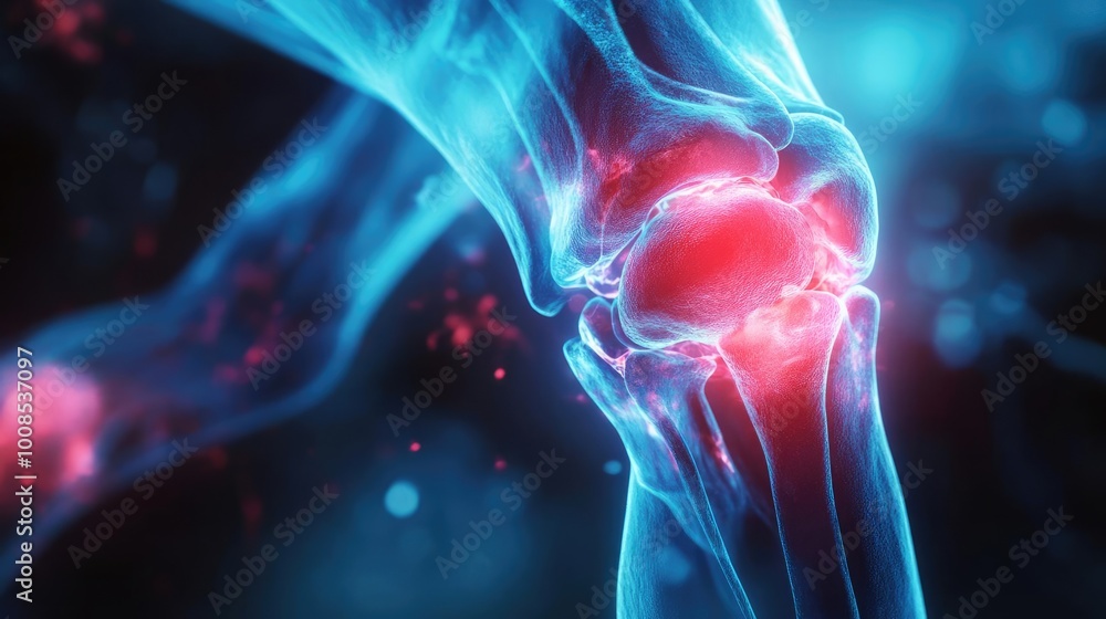 A vivid illustration of a human knee joint highlighting inflammation and pain, showcasing medical and anatomical details. A vivid illustration of a human knee joint highlighting inflammation and pain, showcasing medical and anatomical details.