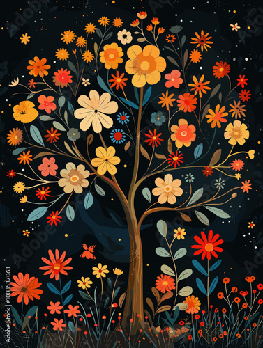 A colorful tree with many flowers is the main focus of the image. The tree is surrounded by a field of flowers, creating a vibrant and lively scene. The colors of the flowers and the tree are bright