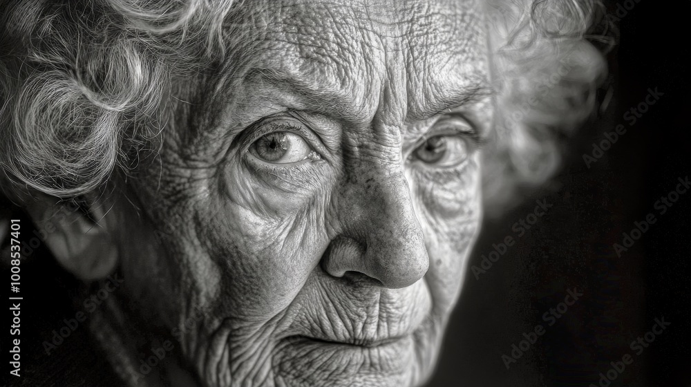 A powerful close-up portrait in black and white of an elderly woman with expressive eyes and textured skin, conveying life experiences through her features. A powerful close-up portrait in black and white of an elderly woman with expressive eyes and textured skin, conveying life experiences through her features.