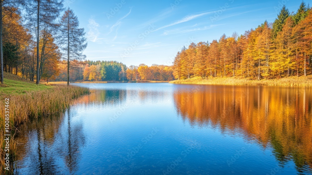 Tranquil lake with colorful autumn foliage reflected in the water. Tranquil lake with colorful autumn foliage reflected in the water.