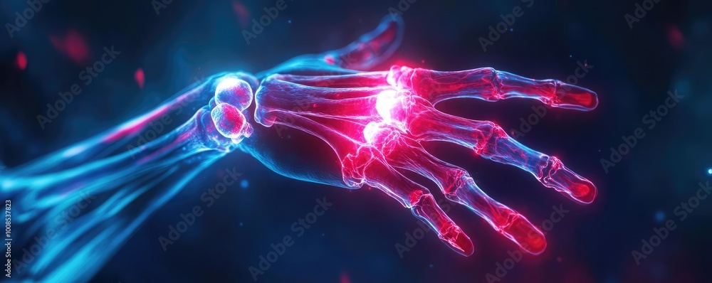 Obraz premium A stunning illustration of a glowing human hand, showcasing intricate skeletal details and vibrant colors in a futuristic design.