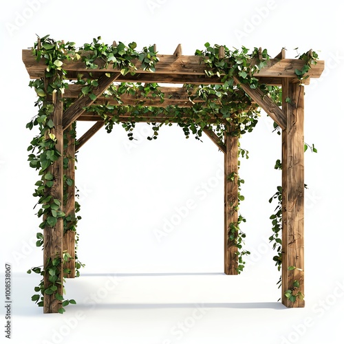 Wooden pergola adorned with green vines, isolated on a white background. photo