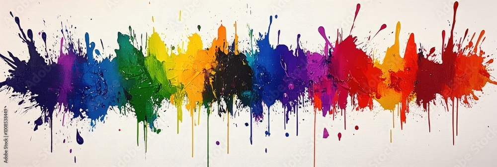 Fototapeta premium A bold rainbow colored splatter effect, with dynamic paint splashes across the canvas