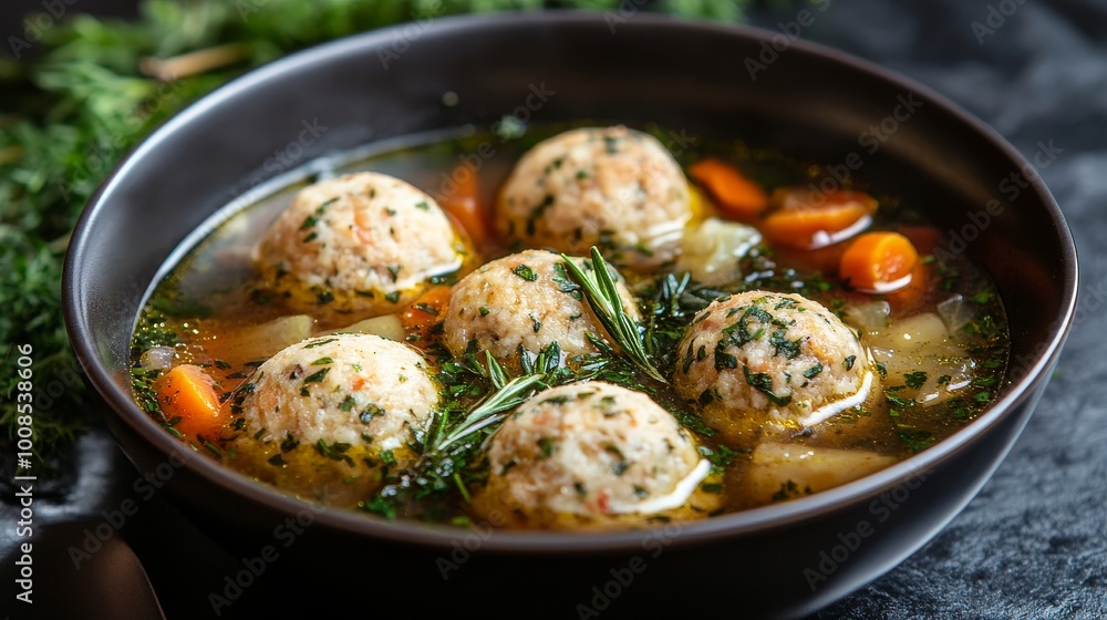 A savory soup featuring delicious herb-infused dumplings floating in a rich broth, complemented by carrots and rosemary, creating a hearty homemade meal. A savory soup featuring delicious herb-infused dumplings floating in a rich broth, complemented by carrots and rosemary, creating a hearty homemade meal.