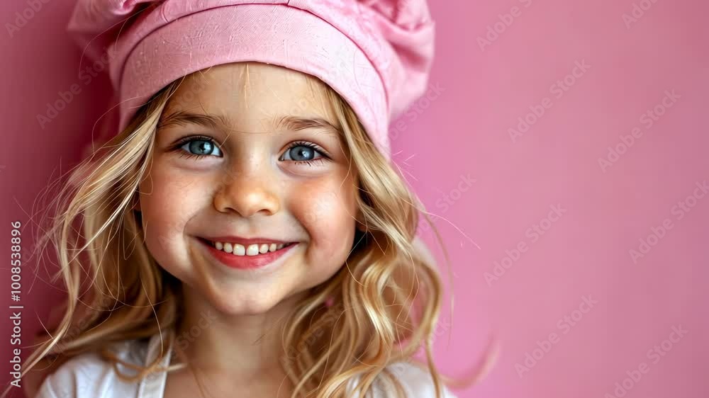 A young girl beams with joy while wearing a pink chef hat, embodying the spirit of cooking and creativity A young girl beams with joy while wearing a pink chef hat, embodying the spirit of cooking and creativity