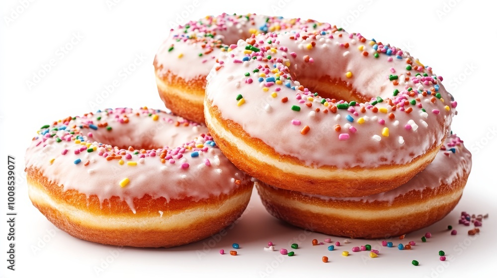 An assortment of pink frosted donuts, generously topped with colorful sprinkles, arranged in a stack on a white surface, showcasing a sweet confectionary treat. An assortment of pink frosted donuts, generously topped with colorful sprinkles, arranged in a stack on a white surface, showcasing a sweet confectionary treat.