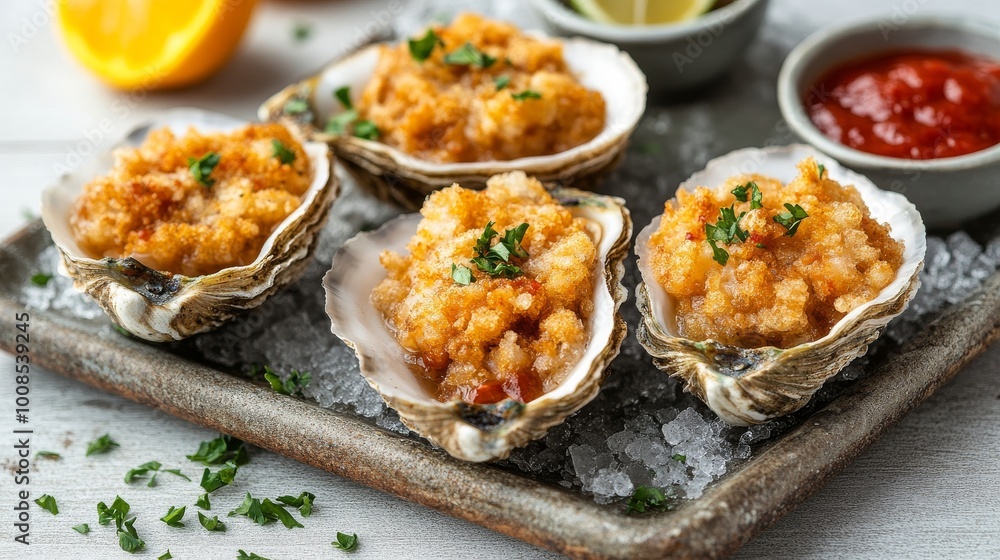 A rustic dish featuring baked oysters served with fresh herbs and zesty lemon, offering a delightful combination of flavors, perfect for seafood lovers. A rustic dish featuring baked oysters served with fresh herbs and zesty lemon, offering a delightful combination of flavors, perfect for seafood lovers.