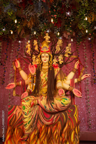 A beautiful idol of Maa Durga being worshipped at a pandal during Navratri. Navratri is biggest religious festival of Hinduism