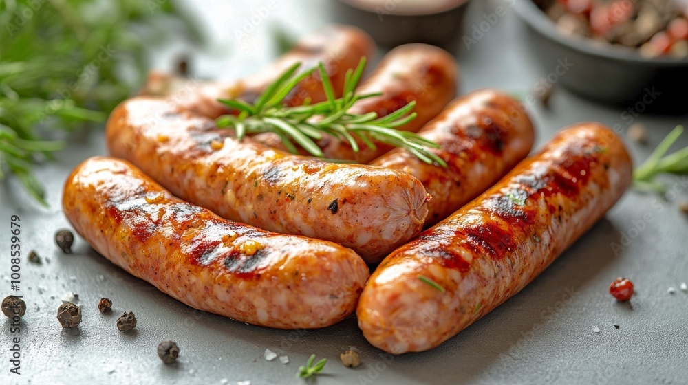 Juicy, golden-brown grilled sausages garnished with fresh rosemary and spice accents, styled on a subtle gray background with peppercorns and coarse salt for flair. Juicy, golden-brown grilled sausages garnished with fresh rosemary and spice accents, styled on a subtle gray background with peppercorns and coarse salt for flair.