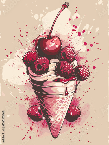 A painting of a cherry ice cream cone with raspberries and cherries. The painting has a splashy, messy look to it, giving it a fun and playful vibe