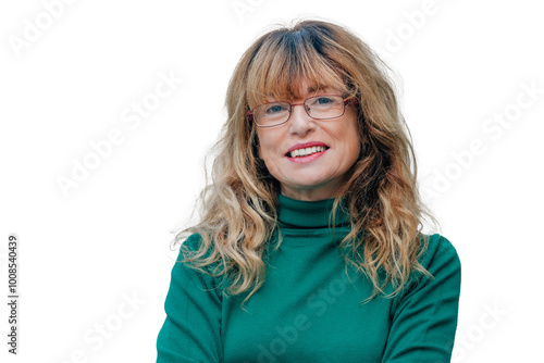 portrait of attractive middle aged adult woman wearing glasses outdoors