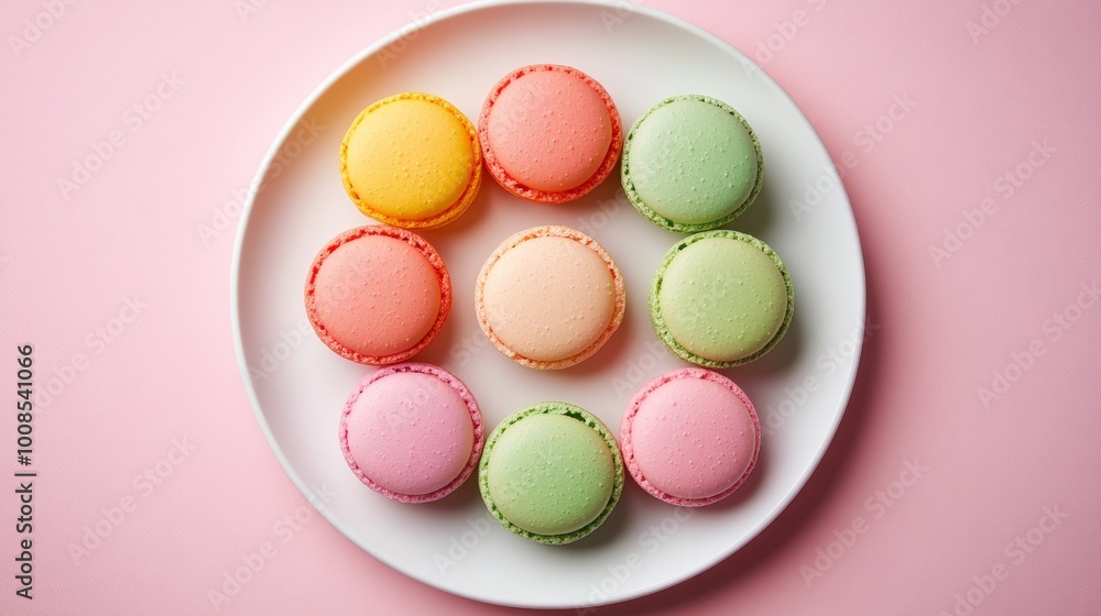A vibrant display of macaroons in a circular pattern, with bold, bright colors like pink, green, and yellow, on an elegant white ceramic plate. Pop Art, Bright colors, Bold contrast, Clean lines A vibrant display of macaroons in a circular pattern, with bold, bright colors like pink, green, and yellow, on an elegant white ceramic plate. Pop Art, Bright colors, Bold contrast, Clean lines