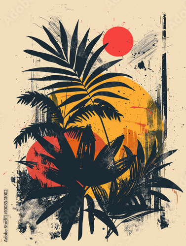 A painting of a tropical forest with a sun in the background. The painting is full of color and has a lot of texture. The mood of the painting is lively and vibrant