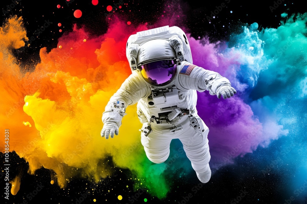 Fototapeta premium Astronaut Floating in Space with Colorful Energy Waves