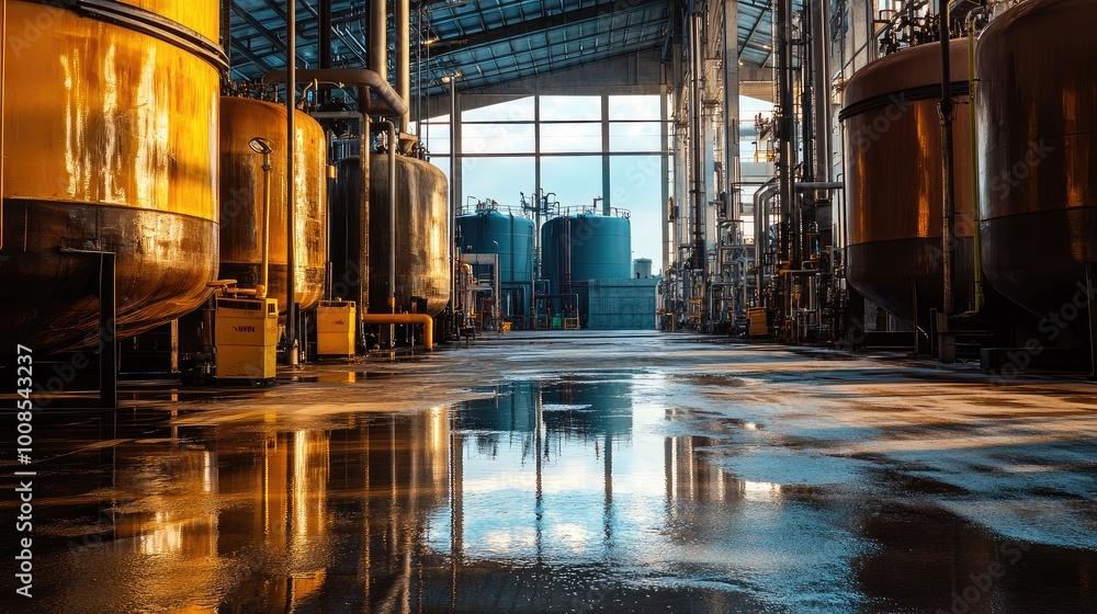 Interior condensation of water mist inside a fuel tank, surrounded by an oil tank warehouse setting. Interior condensation of water mist inside a fuel tank, surrounded by an oil tank warehouse setting.
