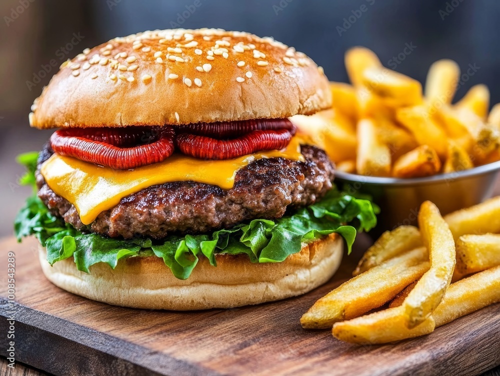 Splattering-Style Burger with Fried Worms and Fries on Wooden Board Splattering-Style Burger with Fried Worms and Fries on Wooden Board