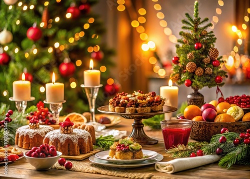 Festive Christmas Table Arrangement with Traditional Holiday Food and Decorative Elements for Celebration