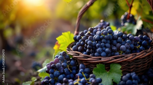 Vineyard harvest with baskets of grapes, abundant and vibrant, Botanical, Soft greens, Photograph, Wine production