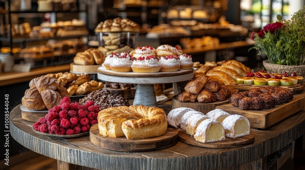 An elegant bakery counter with a circular arrangement of delicate pastries, rustic breads, and vibrant cakes, creating a visually pleasing centerpiece An elegant bakery counter with a circular arrangement of delicate pastries, rustic breads, and vibrant cakes, creating a visually pleasing centerpiece