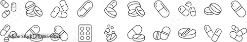 Pills and Medication Related Line Icons for Web Sites, Books, Cards, Apps. Editable Stroke. Suitable for Web Sites, Books, Cards, Apps