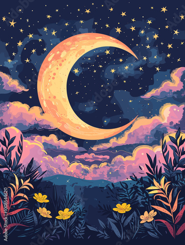 A painting of a large, glowing moon in the sky with stars surrounding it. The painting has a dreamy, ethereal quality to it, with a sense of wonder and awe. The colors are soft and muted