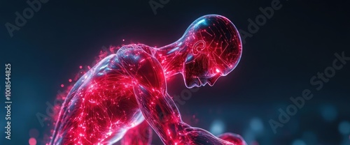 A glowing human figure in an abstract pose, symbolizing energy, connection, and emotional depth in a vibrant digital landscape.