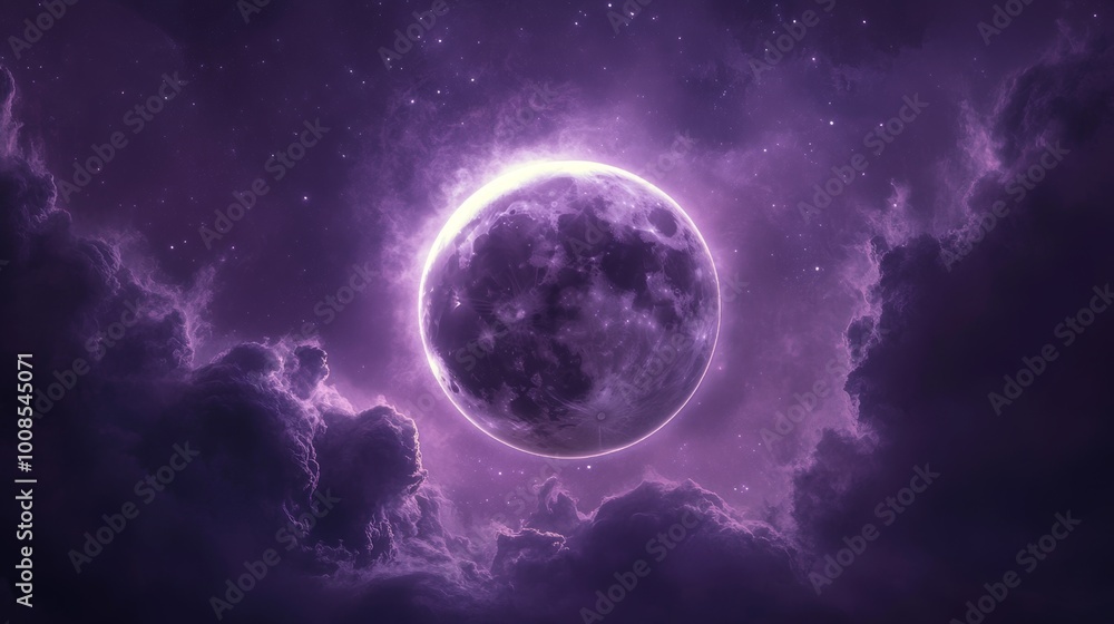 Obraz premium A mystical purple moon surrounded by clouds in a starry sky.