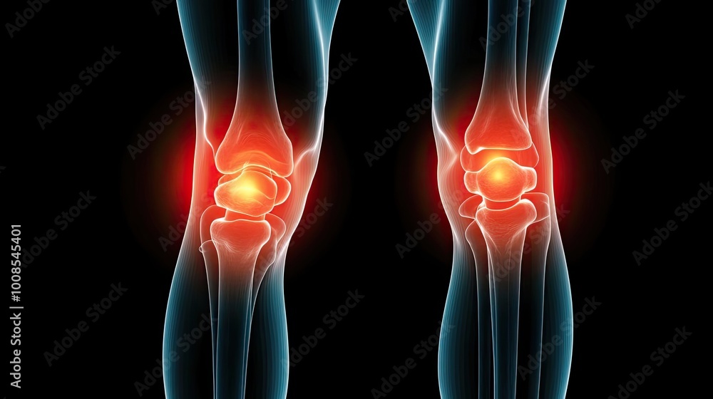 Medical illustration of human knees highlighting joint pain and discomfort, illustrating common issues related to arthritis. Medical illustration of human knees highlighting joint pain and discomfort, illustrating common issues related to arthritis.