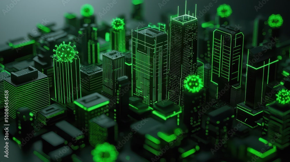 A futuristic cityscape illuminated with green lights, featuring skyscrapers and digital virus symbols, representing the impact of technology on urban life. A futuristic cityscape illuminated with green lights, featuring skyscrapers and digital virus symbols, representing the impact of technology on urban life.