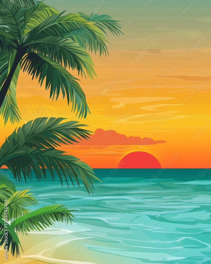 Tropical sunset over ocean with palm trees. Tropical sunset over ocean with palm trees.