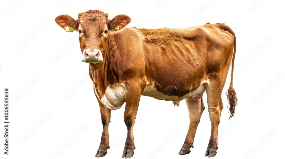 A red and brown cow standing and looking at the camera against a white background. A red and brown cow standing and looking at the camera against a white background.