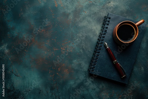  Elegant Flat Lay of Notebook, Fountain Pen, and Coffee Mug on Dark Table for Stylish Workspace