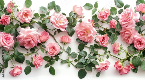 white background with pink roses and green leaves