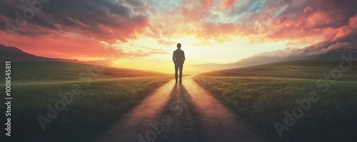 A contemplative figure stands on a path, gazing towards a vibrant sunset, symbolizing hope and new beginnings.