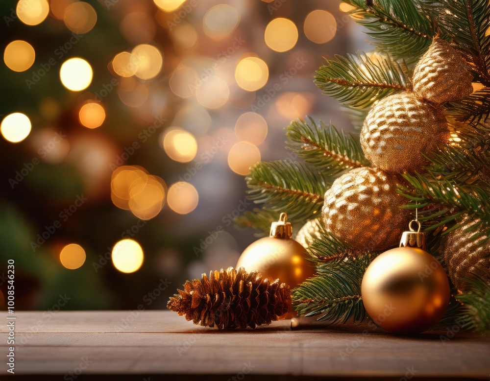 A festive close-up of a Christmas tree featuring golden ornaments and pine cones, illuminated by warm fairy lights, creating a cozy holiday atmosphere. A festive close-up of a Christmas tree featuring golden ornaments and pine cones, illuminated by warm fairy lights, creating a cozy holiday atmosphere.