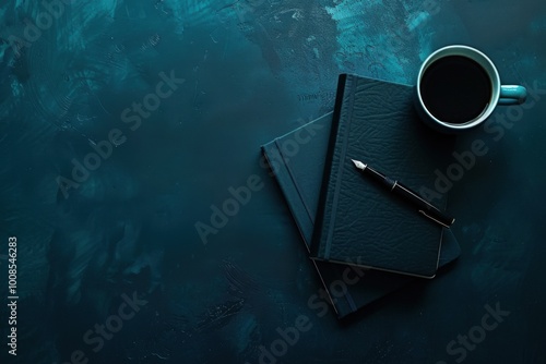  Elegant Flat Lay of Notebook, Fountain Pen, and Coffee Mug on Dark Table for Stylish Workspace