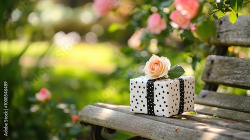 Delicate Rose and Polka Dot Gift on a Wooden Bench in a Garden