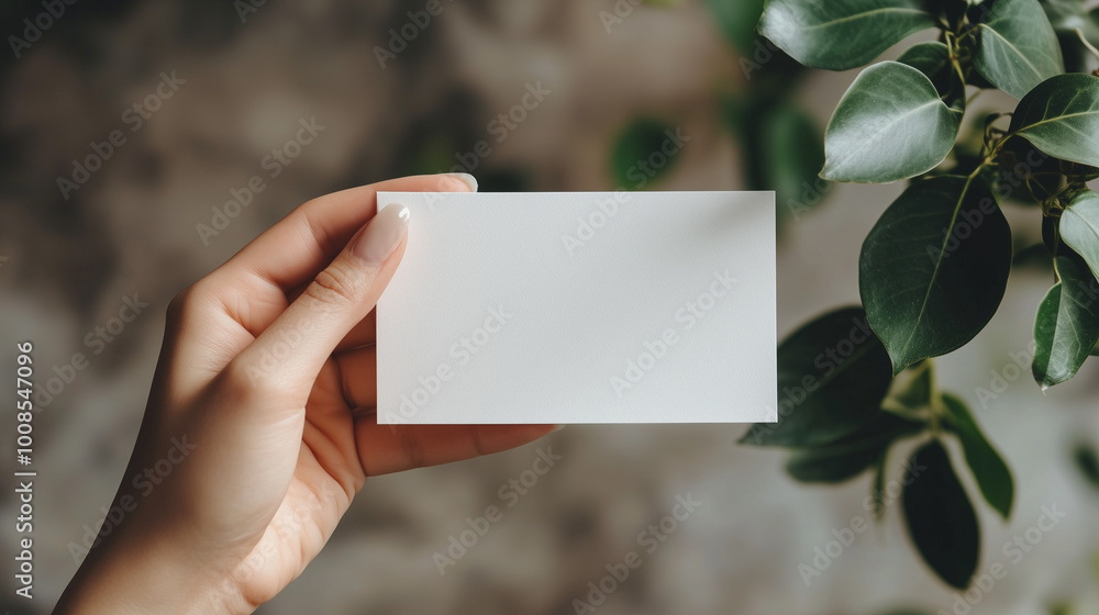 A hand holds a white blank card against a leafy background, creating an elegant and minimalist look A hand holds a white blank card against a leafy background, creating an elegant and minimalist look