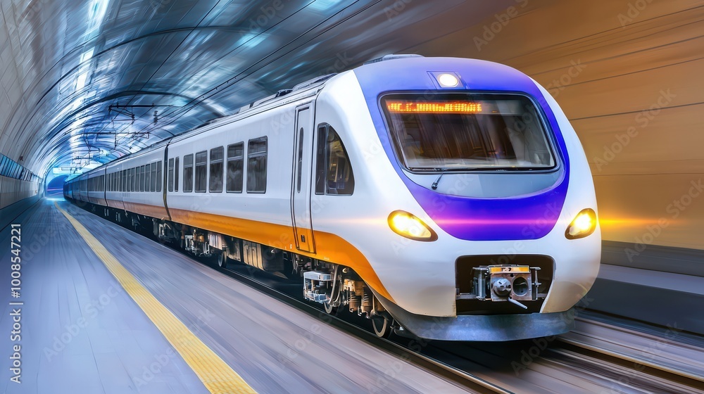 A modern train in motion, captured inside a vibrant tunnel, showcasing speed and design elements of contemporary rail travel. A modern train in motion, captured inside a vibrant tunnel, showcasing speed and design elements of contemporary rail travel.
