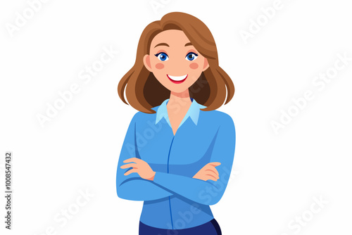 Portrait of a smiling business woman wearing a blue shirt and grey pants standing with her arms crossed isolated on a white background. vector art illustration.